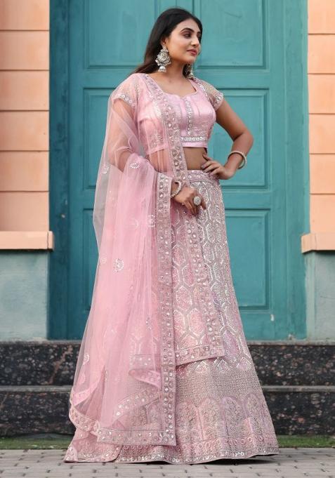 Multicolor embroidered Net Lehenga Set With Dupatta