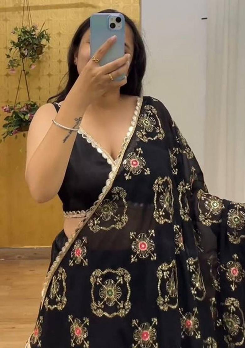 Multicolor embroidered Silk Lehenga Set With Dupatta