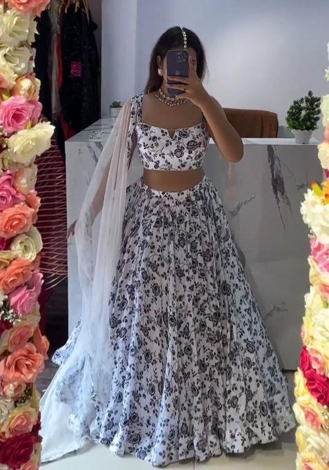 Multicolor embroidered Chinon Lehenga Set With Dupatta