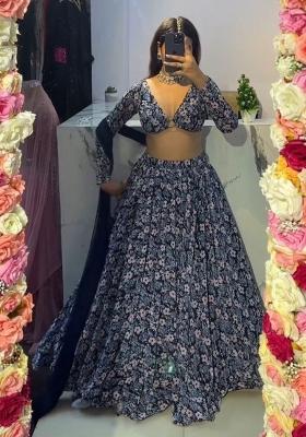 Multicolor embroidered Chinon Lehenga Set With Dupatta