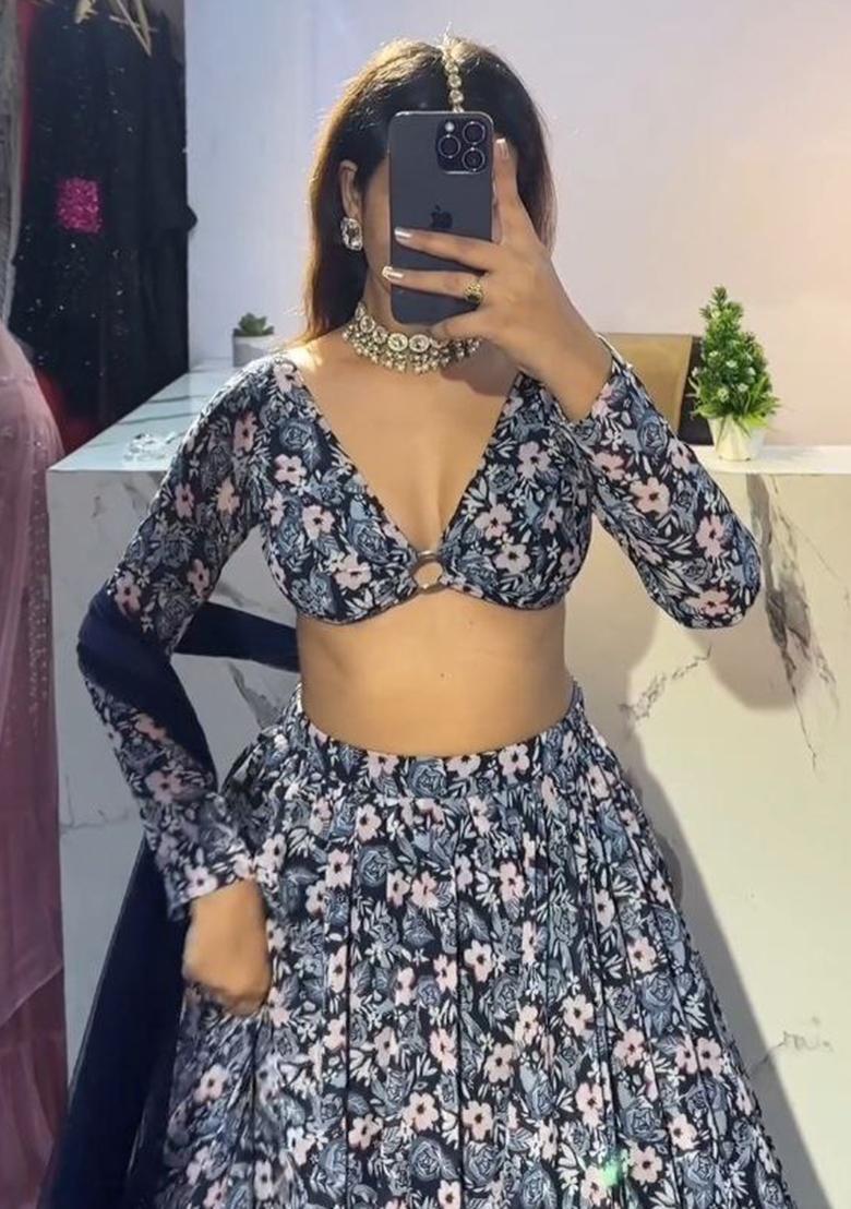 Multicolor embroidered Chinon Lehenga Set With Dupatta