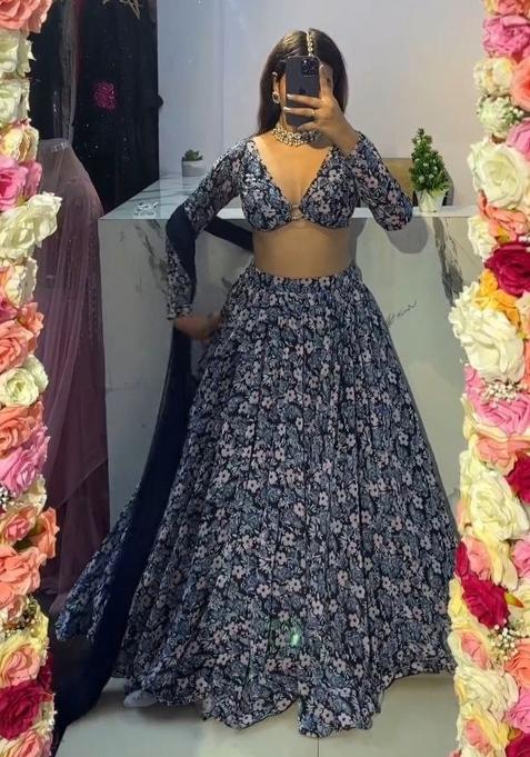 Multicolor embroidered Chinon Lehenga Set With Dupatta