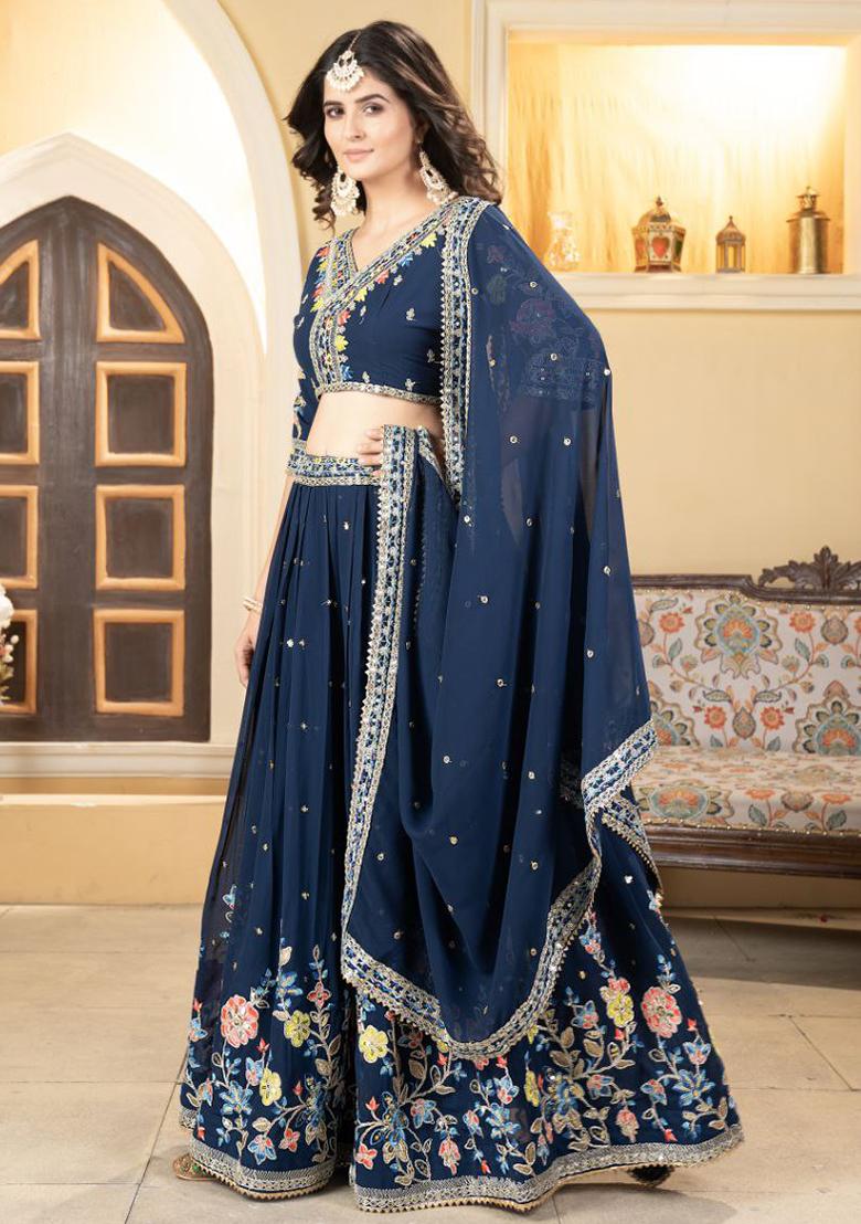 Multicolor embroidered Georgette Lehenga Set With Dupatta