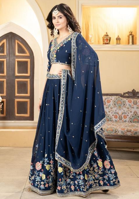 Multicolor embroidered Georgette Lehenga Set With Dupatta