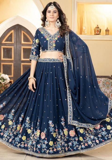 Multicolor embroidered Georgette Lehenga Set With Dupatta