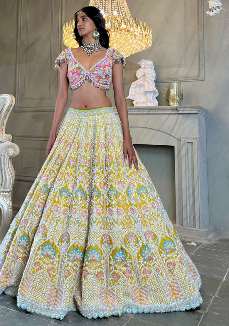 Multicolor embroidered Net Lehenga Set With Dupatta for Diwali and Festive Wear - Indya