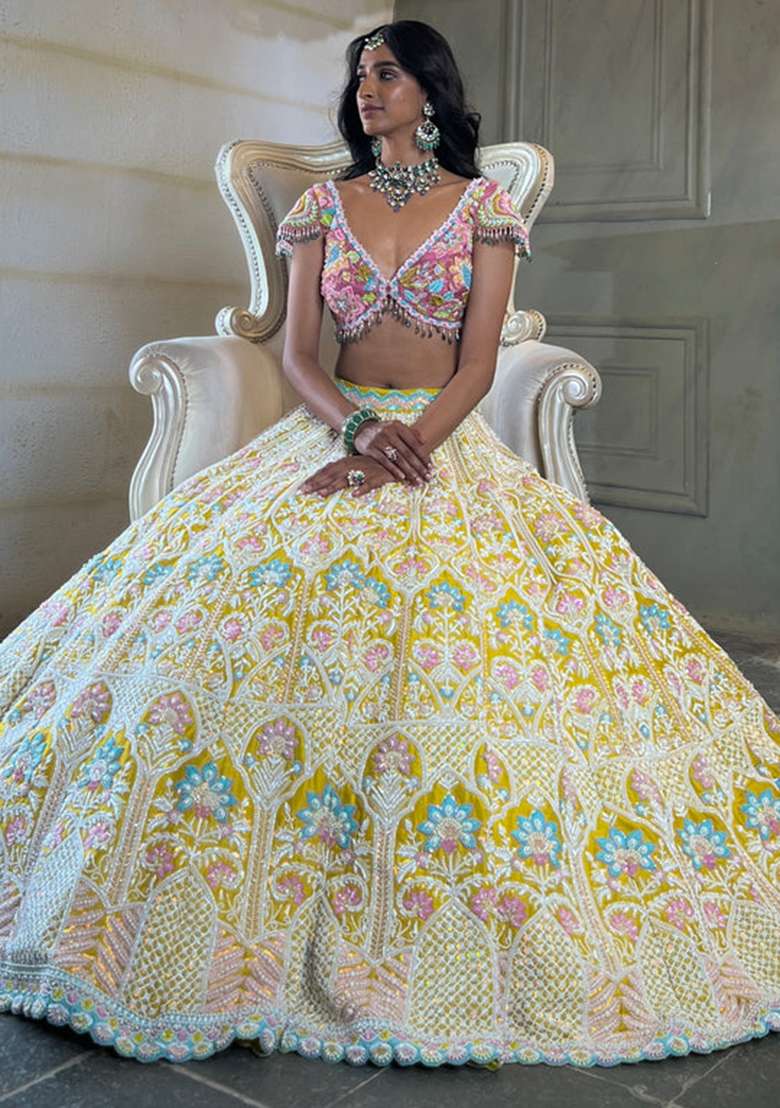 Multicolor embroidered Net Lehenga Set With Dupatta for Diwali and Festive Wear - Indya
