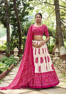 Pink Bandhej Print Tussar Silk Lehenga Set