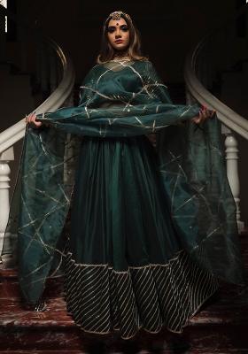 Multicolor embroidered Silk Lehenga Set With Dupatta