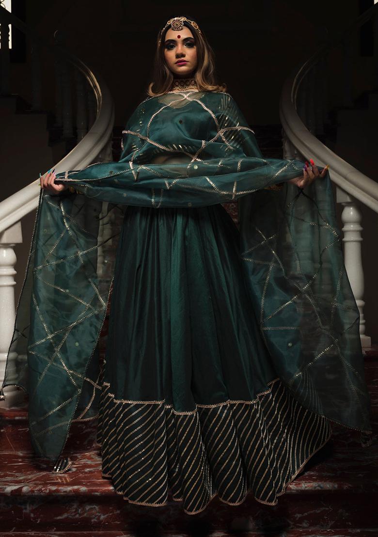 Multicolor embroidered Silk Lehenga Set With Dupatta