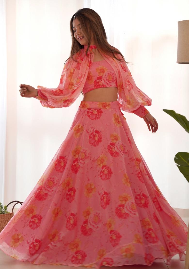 Pink embroidered Viscose Lehenga Set
