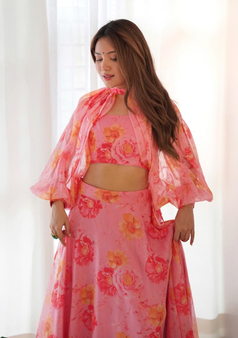 Pink embroidered Viscose Lehenga Set