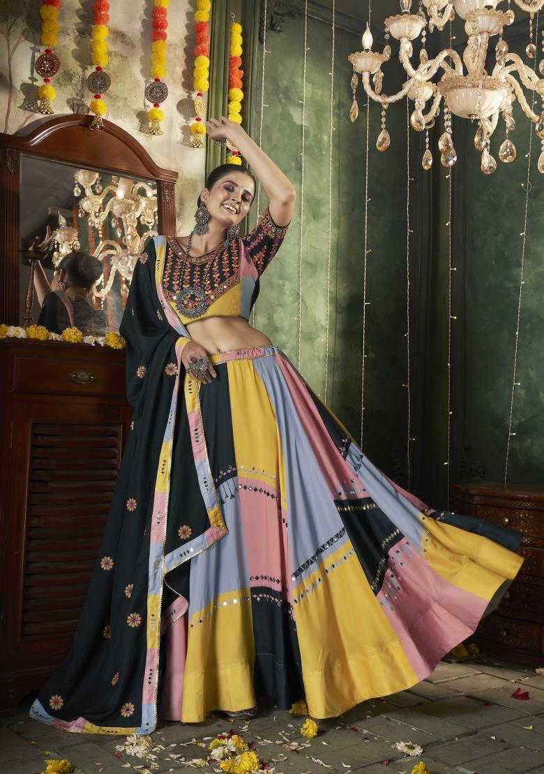 Multicolor embroidered Cotton Lehenga Set With Dupatta