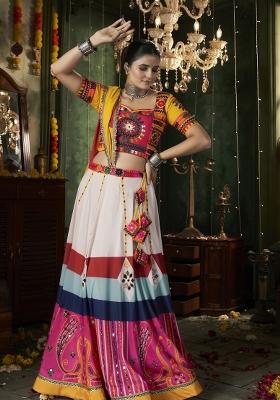 White embroidered Cotton Lehenga Set With Dupatta