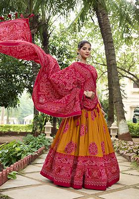 Mustard Bandhej Print Tussar Silk Lehenga Set