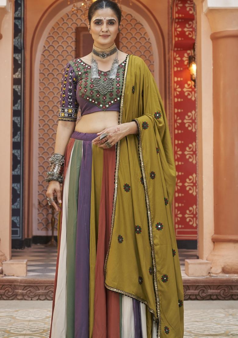 Multicolor embroidered Rayon Lehenga Set With Dupatta