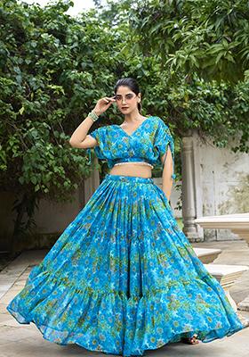Sky Blue Floral Print Tussar Silk Lehenga Set