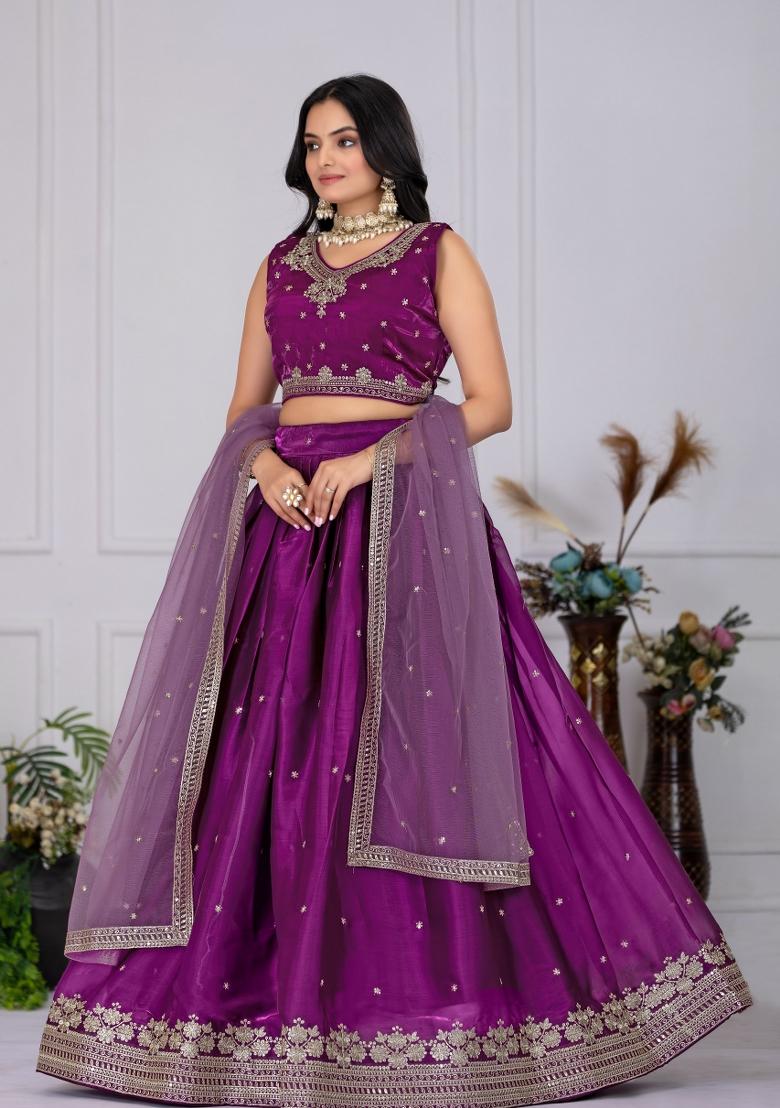 Wine embroidered Poly Blend Lehenga Set With Dupatta