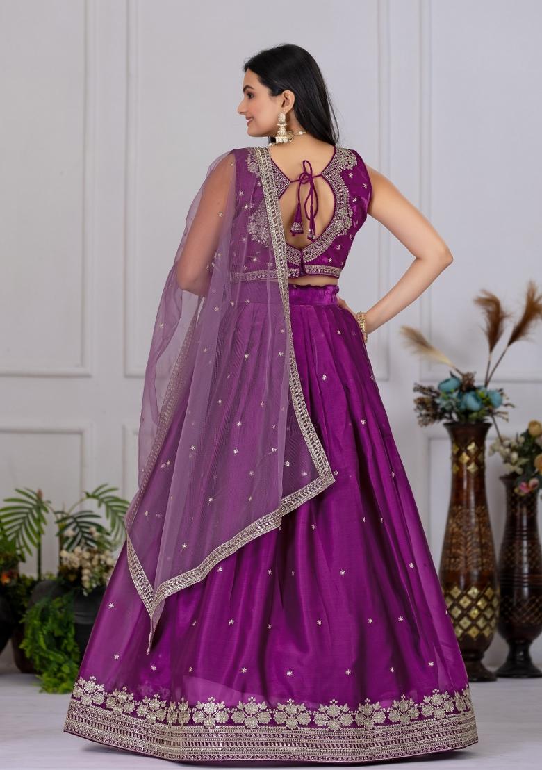 Wine embroidered Poly Blend Lehenga Set With Dupatta