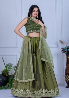Mehendi Green embroidered Poly Blend Lehenga Set With Dupatta