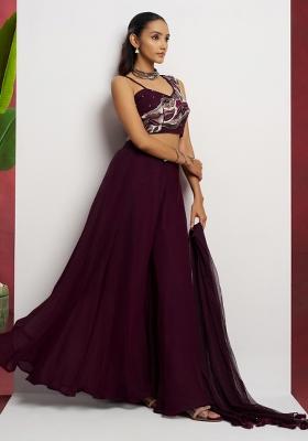 Wine embroidered Georgette Lehenga Set With Dupatta