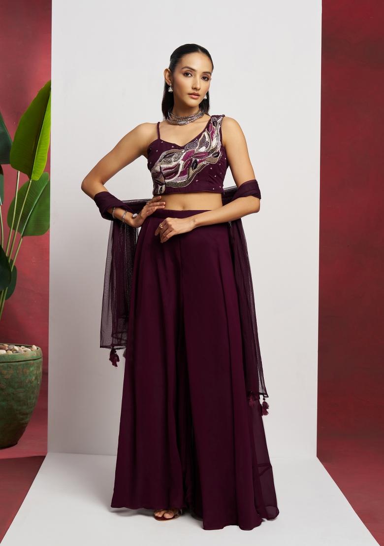 Wine embroidered Georgette Lehenga Set With Dupatta