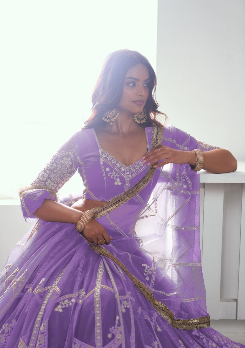 Lavender embroidered Net Lehenga Set With Dupatta