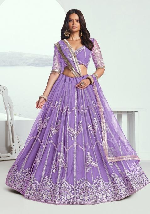 Lavender embroidered Net Lehenga Set With Dupatta
