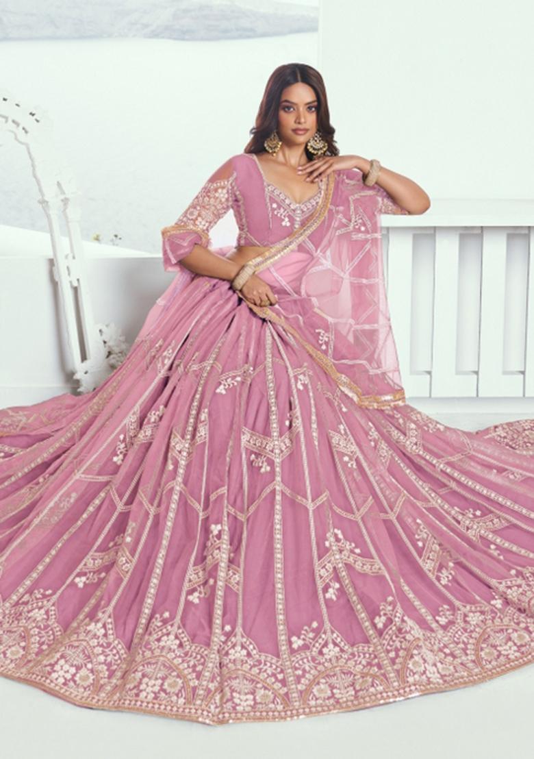 Pink embroidered Net Lehenga Set With Dupatta