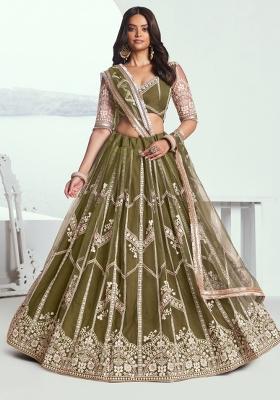 Mehendi Green embroidered Net Lehenga Set With Dupatta