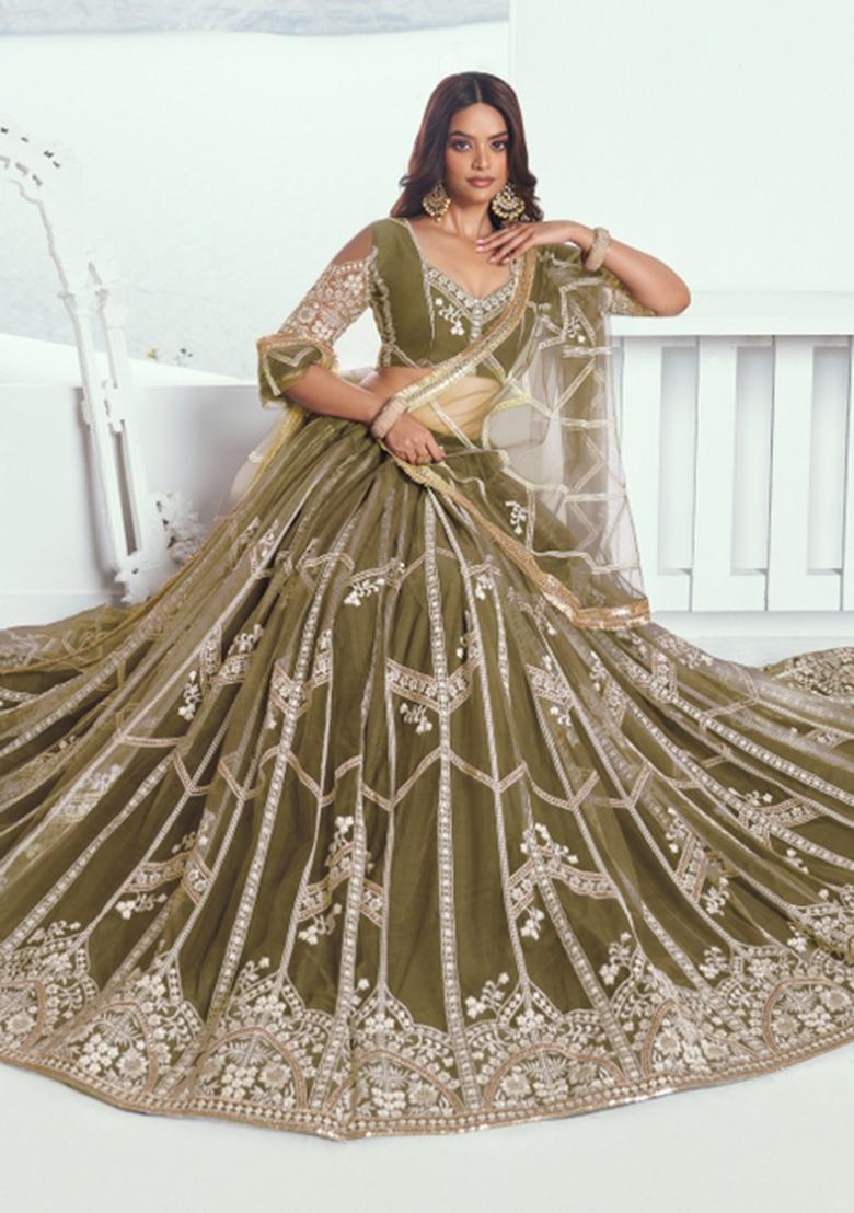 Mehendi Green embroidered Net Lehenga Set With Dupatta