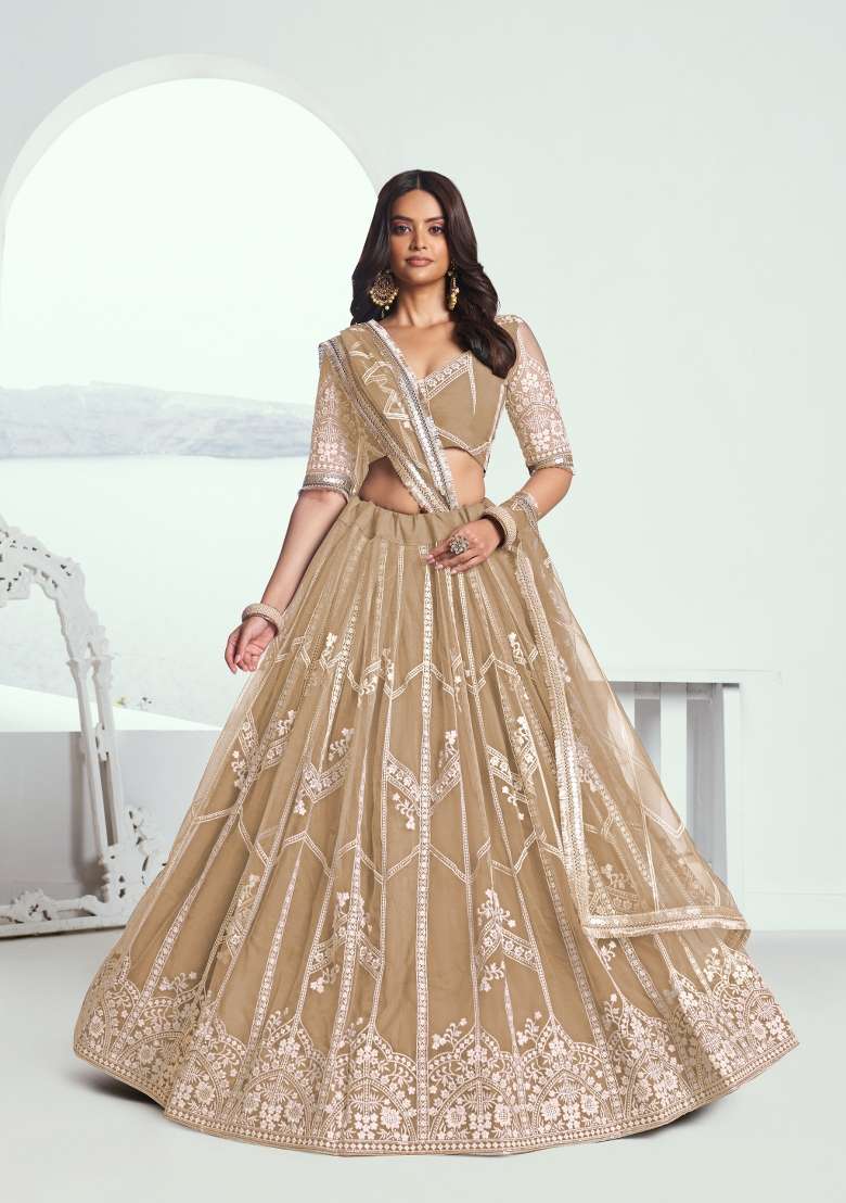 Beige With Dupatta Net Lehenga Set with embroidered for Diwali | Wedding & Festive Wear - Indya