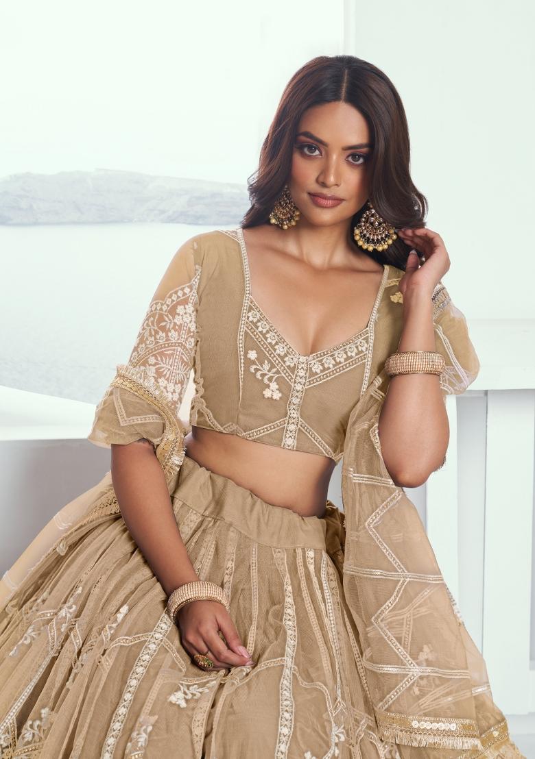 Beige embroidered Net Lehenga Set With Dupatta