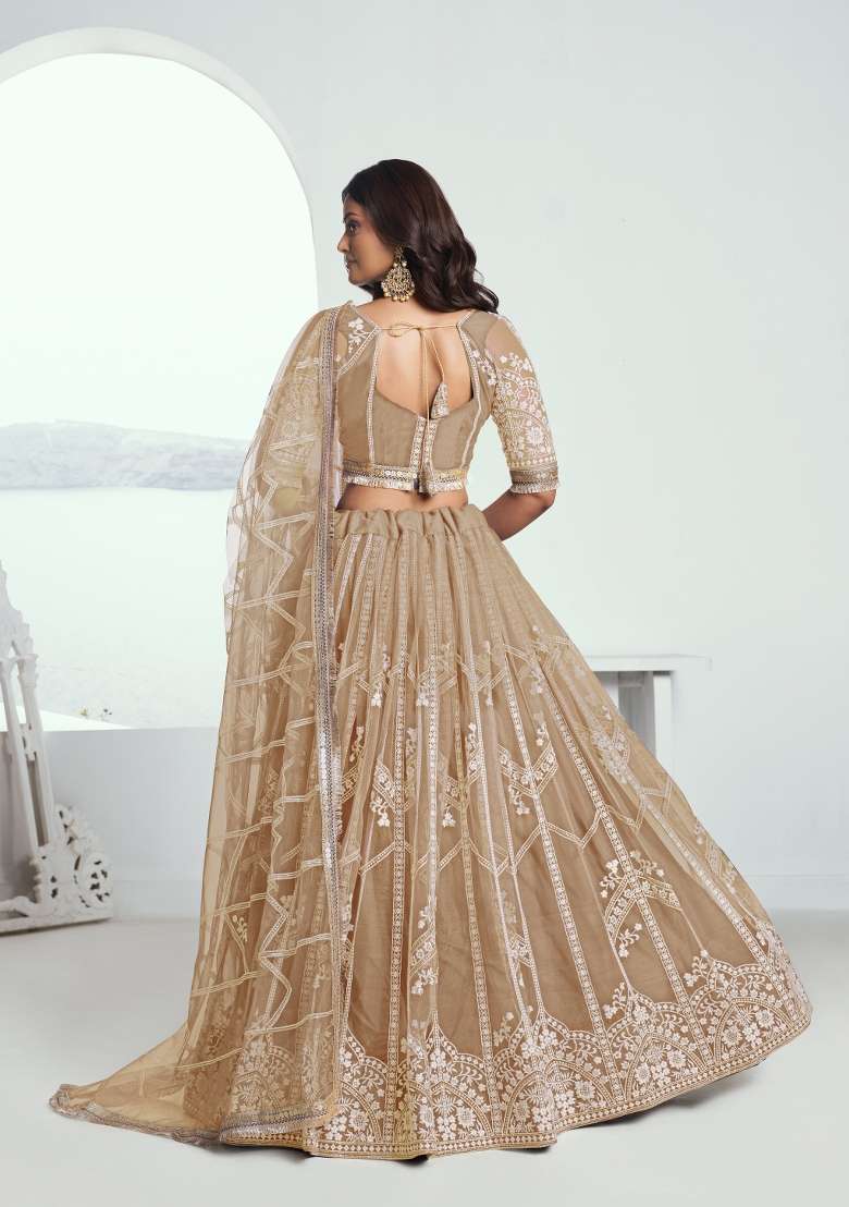 Beige With Dupatta Net Lehenga Set with embroidered for Diwali | Wedding & Festive Wear - Indya
