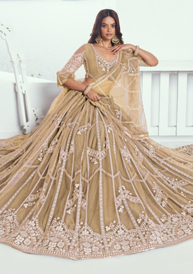 Beige embroidered Net Lehenga Set With Dupatta