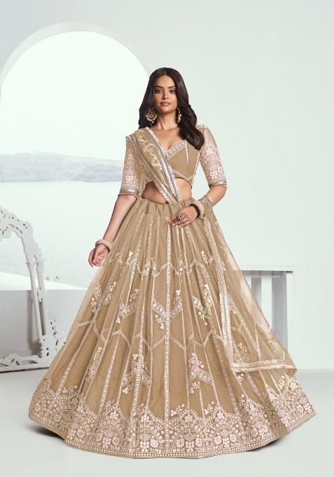 Beige embroidered Net Lehenga Set With Dupatta