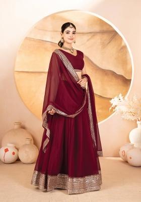 Maroon embroidered Poly Blend Lehenga Set With Dupatta