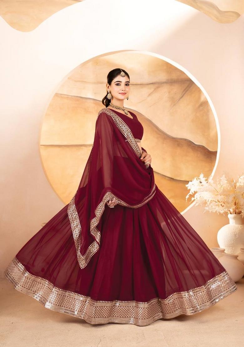 Maroon embroidered Poly Blend Lehenga Set With Dupatta
