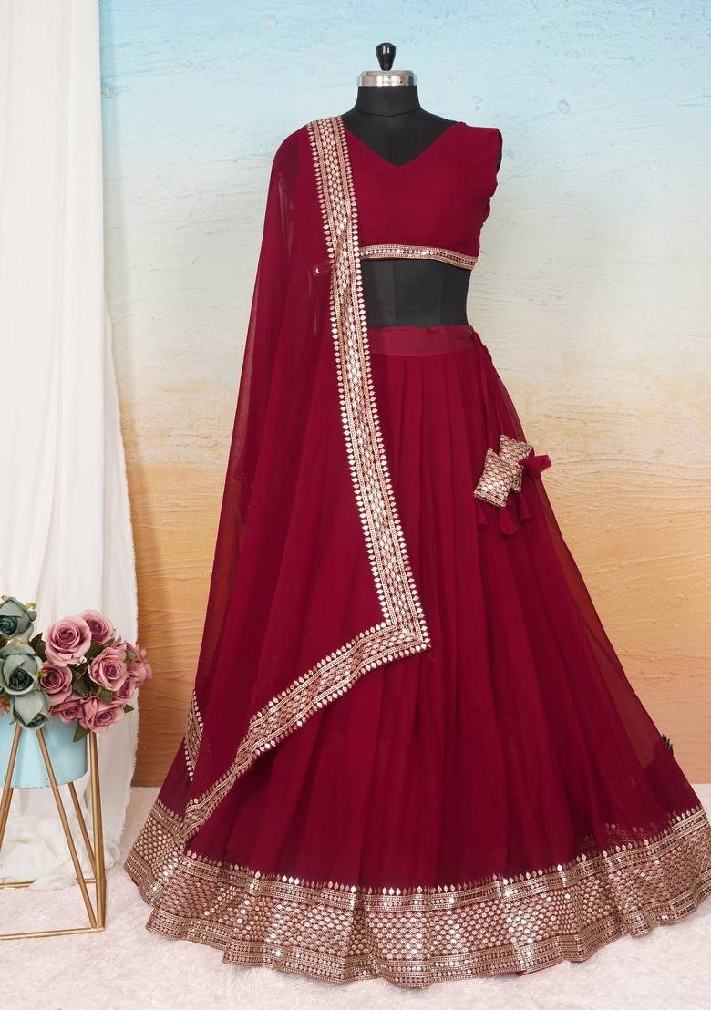 Maroon embroidered Poly Blend Lehenga Set With Dupatta