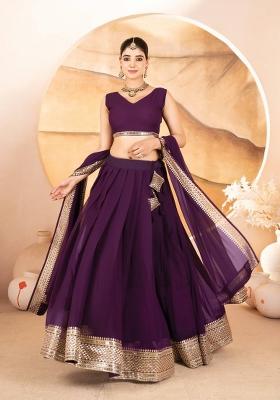 Wine embroidered Poly Blend Lehenga Set With Dupatta