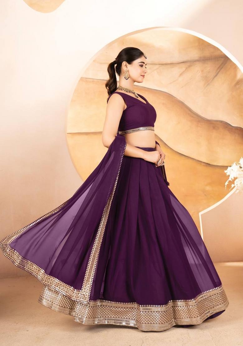 Wine embroidered Poly Blend Lehenga Set With Dupatta
