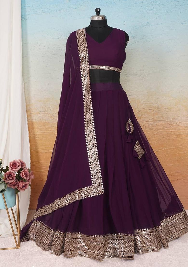 Wine embroidered Poly Blend Lehenga Set With Dupatta