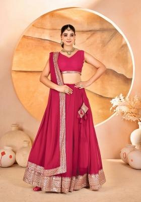 Pink embroidered Poly Blend Lehenga Set With Dupatta