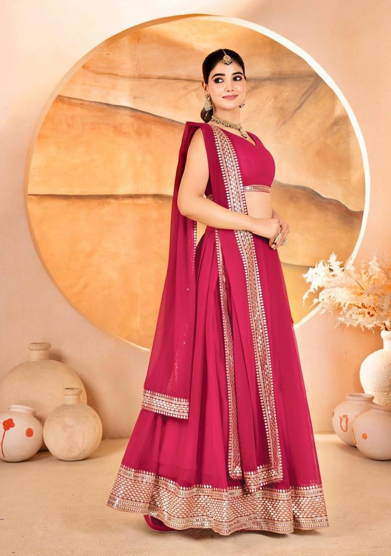 Pink embroidered Poly Blend Lehenga Set With Dupatta