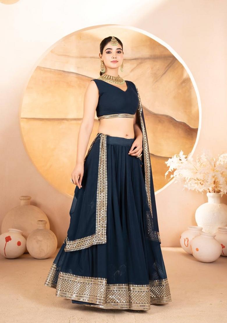 Blue embroidered Poly Blend Lehenga Set With Dupatta