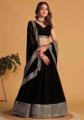 Black embroidered Poly Blend Lehenga Set With Dupatta