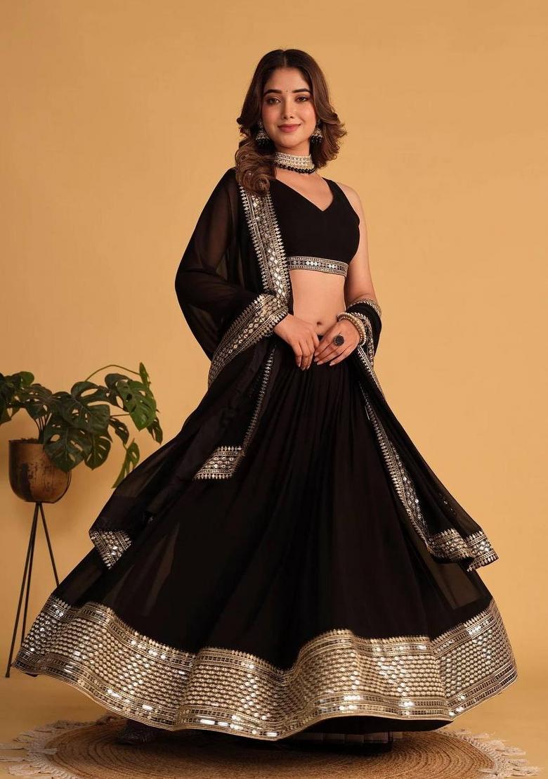 Black embroidered Poly Blend Lehenga Set With Dupatta