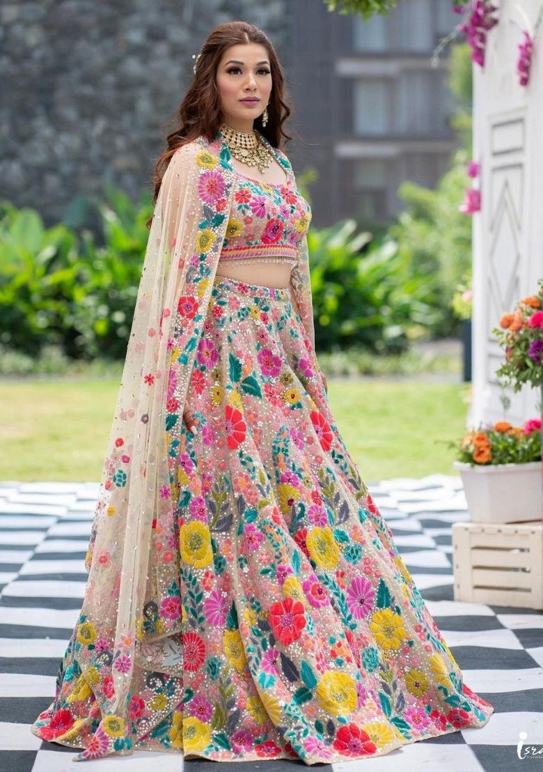 Multicolor embroidered Georgette Lehenga Set With Dupatta