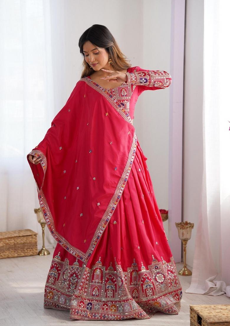 Pink embroidered Viscose Lehenga Set With Dupatta