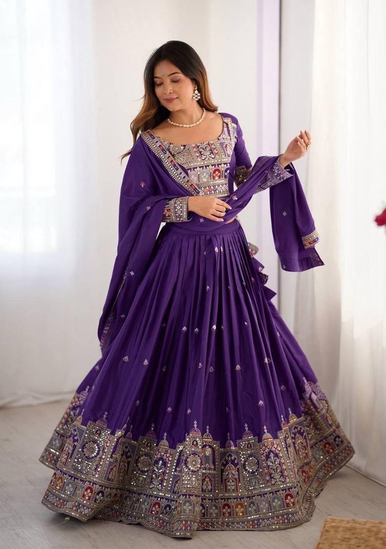 Purple embroidered Viscose Lehenga Set With Dupatta